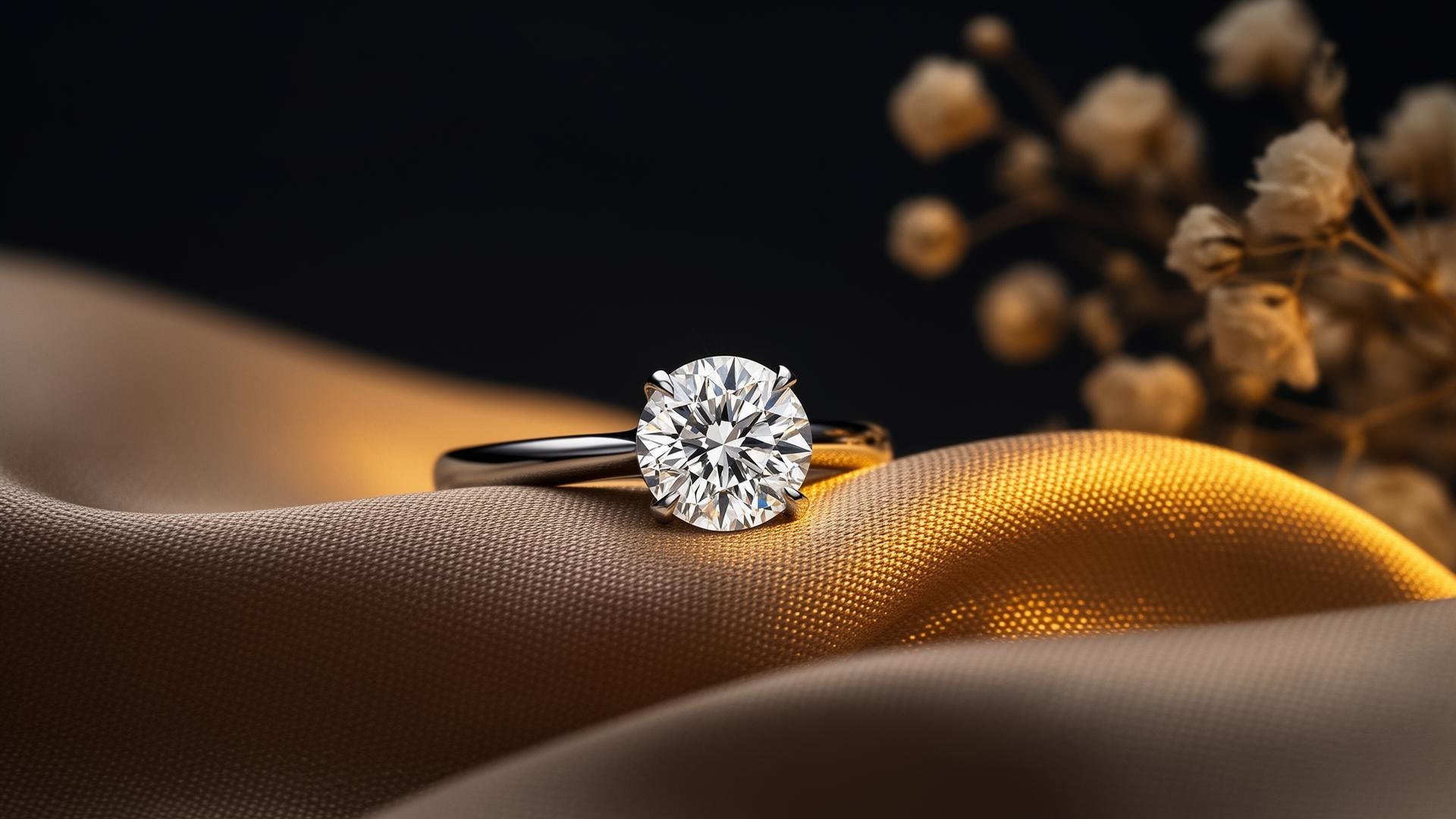 A Hayati solitaire diamond ring resting on champagne silk